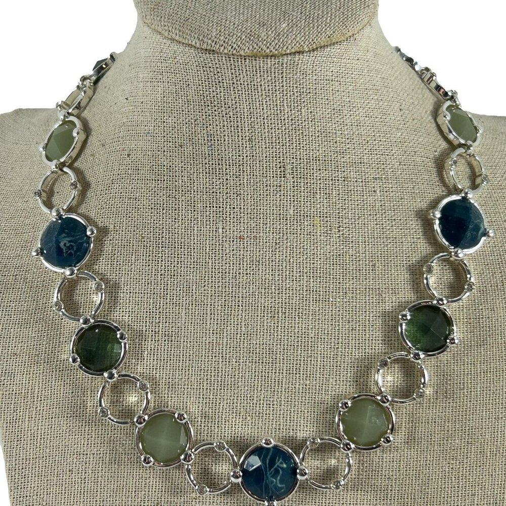 Silver Tone Necklace Circle Chain Shades Blue Green 15.5-18" Long Rhinestones
